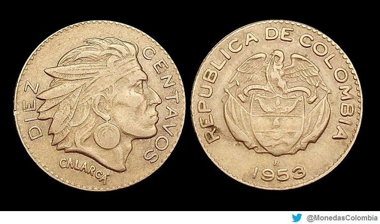 MonedasColombia's tweet photo. Moneda de 10 Centavos 1953. Homenaje a Calarcá, cacique pijao que se opuso a la conquista española. En su honor se nombró Calarcá - Quindio. https://t.co/I7wF9yalmM