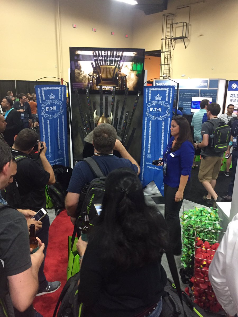 SwitchOnEaton's tweet photo. Lines forming at the Eaton booth to sit on our famous ePDU throne.  #vmworld #eatongetsIT #eatonlive https://t.co/pCxbQZQ31Y