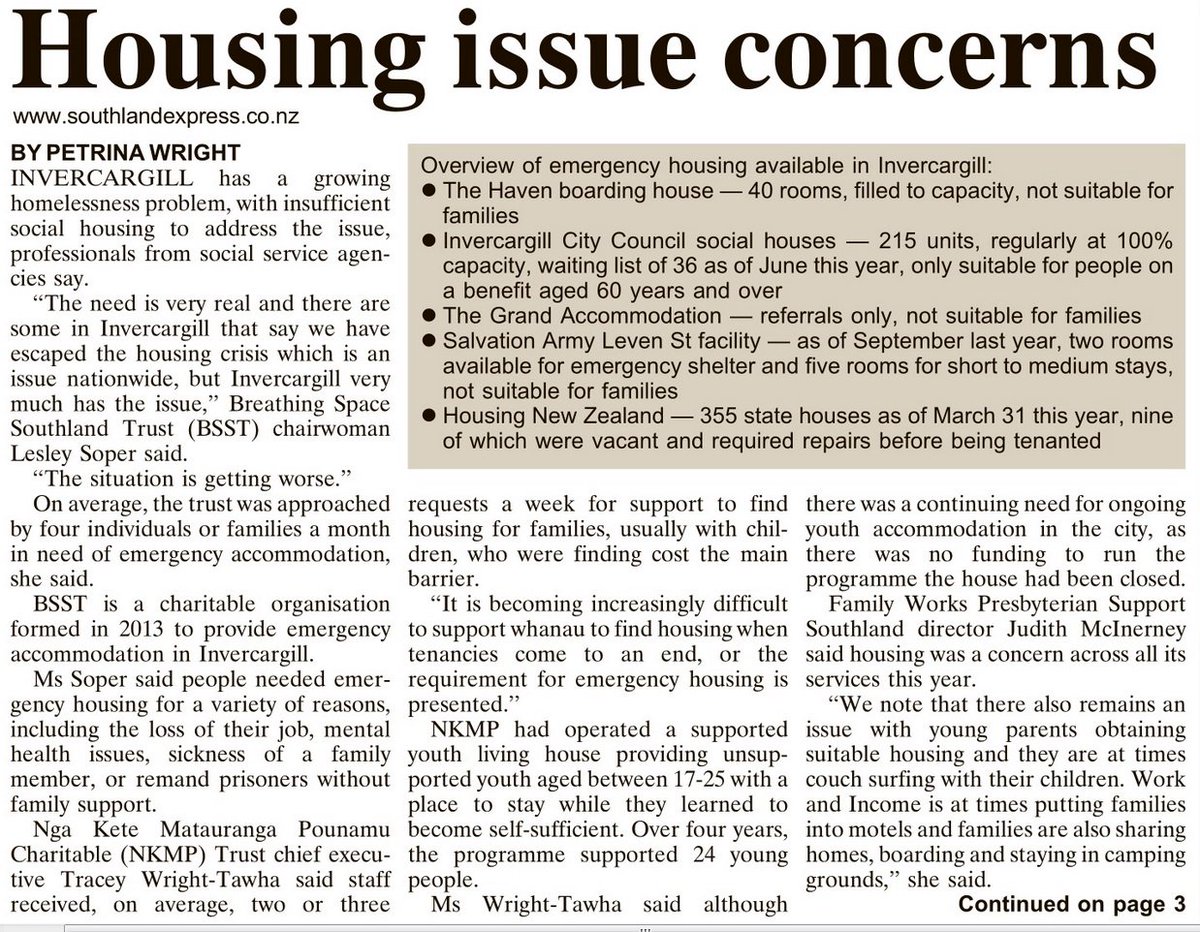 quickeningcat's tweet image. Housing/homelessness now growing crisis even in Invercargill. Screenshot: Southland Express @duncangreive #nzpol #electionIssue #thespinoff