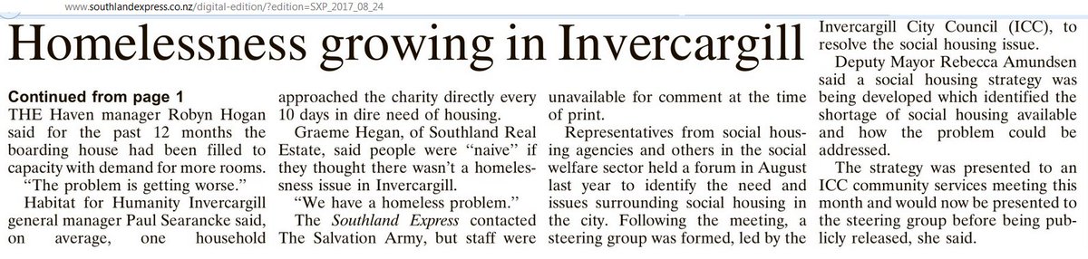 quickeningcat's tweet image. Housing/homelessness now growing crisis even in Invercargill. Screenshot: Southland Express @duncangreive #nzpol #electionIssue #thespinoff