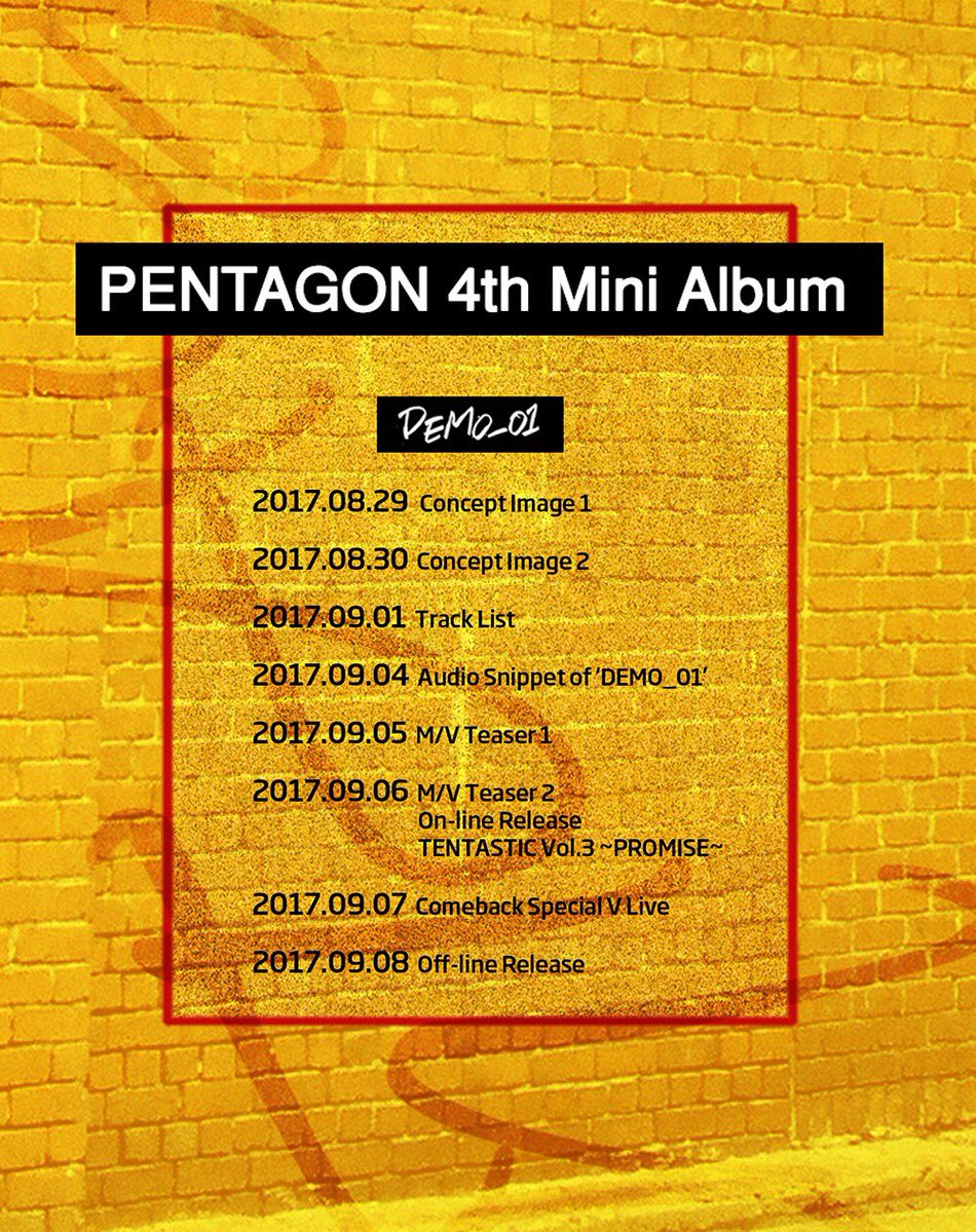 CUBE_PTG's tweet photo. #PENTAGON 4th Mini Album
[#DEMO_01] 
Comeback Schedule 📼
2017.09.06 18:00 (KST)

#펜타곤 #comeback https://t.co/yx1a5LyKXe
