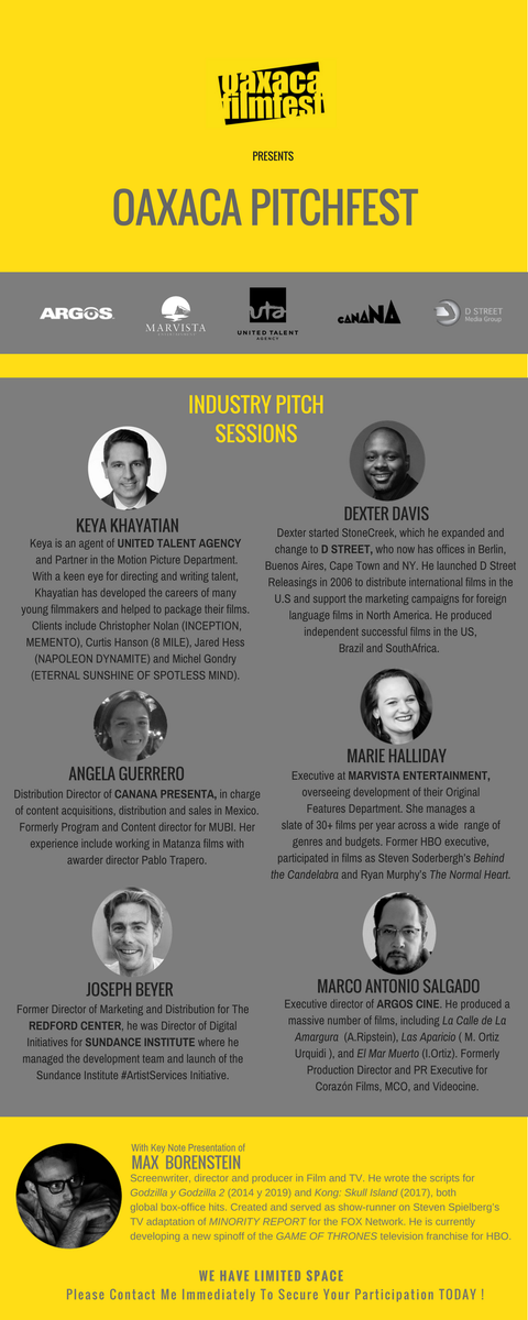 DStreetPictures's tweet photo. Proud to have our CEO @DStreetMG join a prestigious lineup of speakers during @OaxacaFilmFest. #greatstories  #LatinAmericanFilm https://t.co/uq9b4NjgNZ