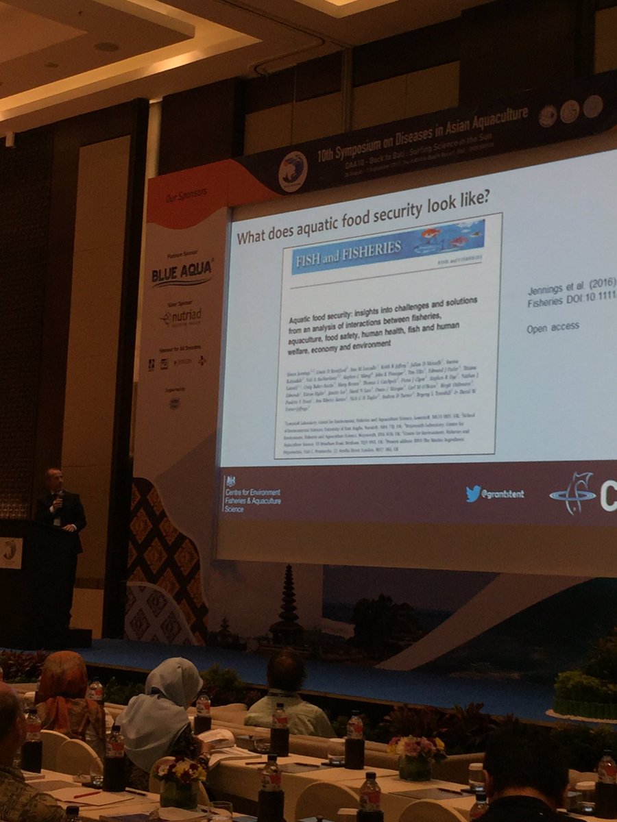 "What does aquatic food security look like?" @grantstent giving keynote at Diseases in Asian Aquaculture #DAA10 #Bali #foodsecurity