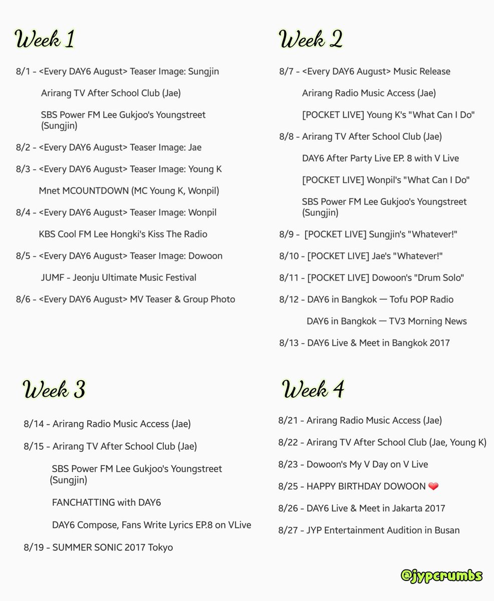 jypcrumbs's tweet photo. [UPDATED] DAY6 ㅡ August Schedule

#LastWeekOfAugust #AugustDontGooooo https://t.co/BTBkp9V6QH