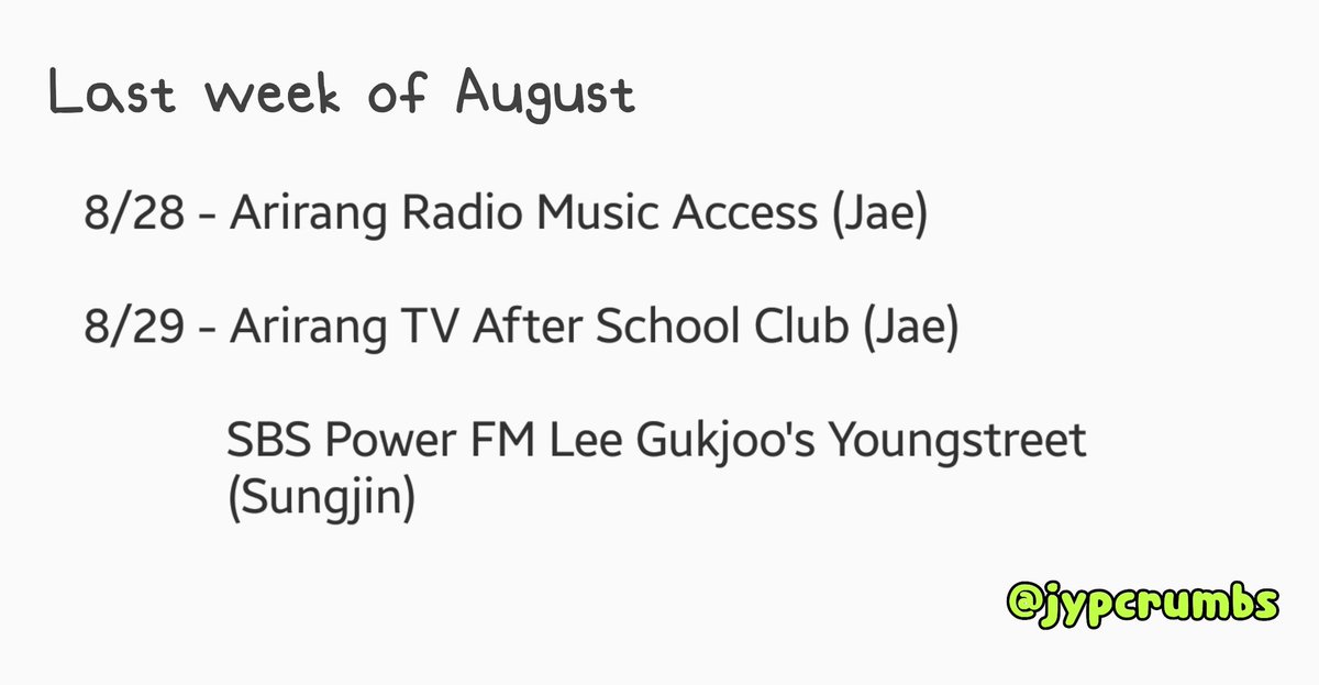jypcrumbs's tweet photo. [UPDATED] DAY6 ㅡ August Schedule

#LastWeekOfAugust #AugustDontGooooo https://t.co/BTBkp9V6QH