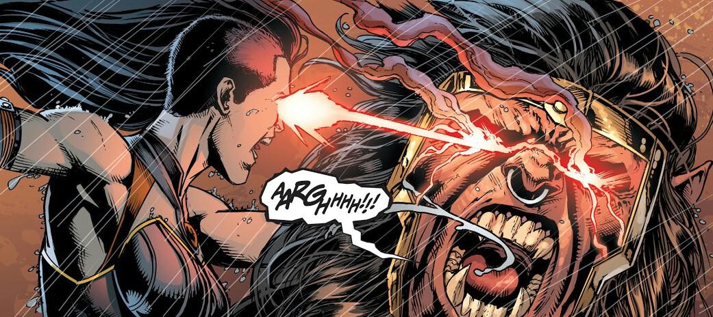Grail uses @DarkseidvsJLA's Omega Beams to great effect, burning out <a href="/Kalibak_/">Kalibak the Cruel,Brother of Orion,Son of Darkseid</a>'s eyes during the Darkseid War while assisting Anti-Monitor.