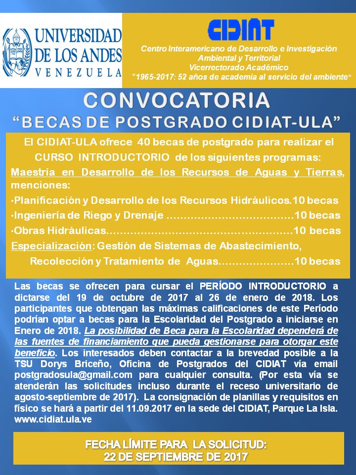 Convocatoria Becas CIDIAT-ULA <a href="/El_Ulandino/">El Ulandino</a> <a href="/PrensaULA/">Noticias Prensa ULA Cuenta Oficial</a>  <a href="/leoperiodista/">Leonardo León</a> <a href="/IngenieriaULA/">Fac. Ingeniería ULA</a> <a href="/OREForestalULA/">ORE Forestal ULA</a> #Becas #ULA