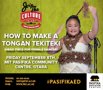 PasifikaEd's tweet photo. Tongan Language Week is coming up and we have 2 Tongan workshops - learn to make Tekiteki (Tongan head piece) &amp; dance Tauolunga for FREE! https://t.co/EPRA6PVDNC