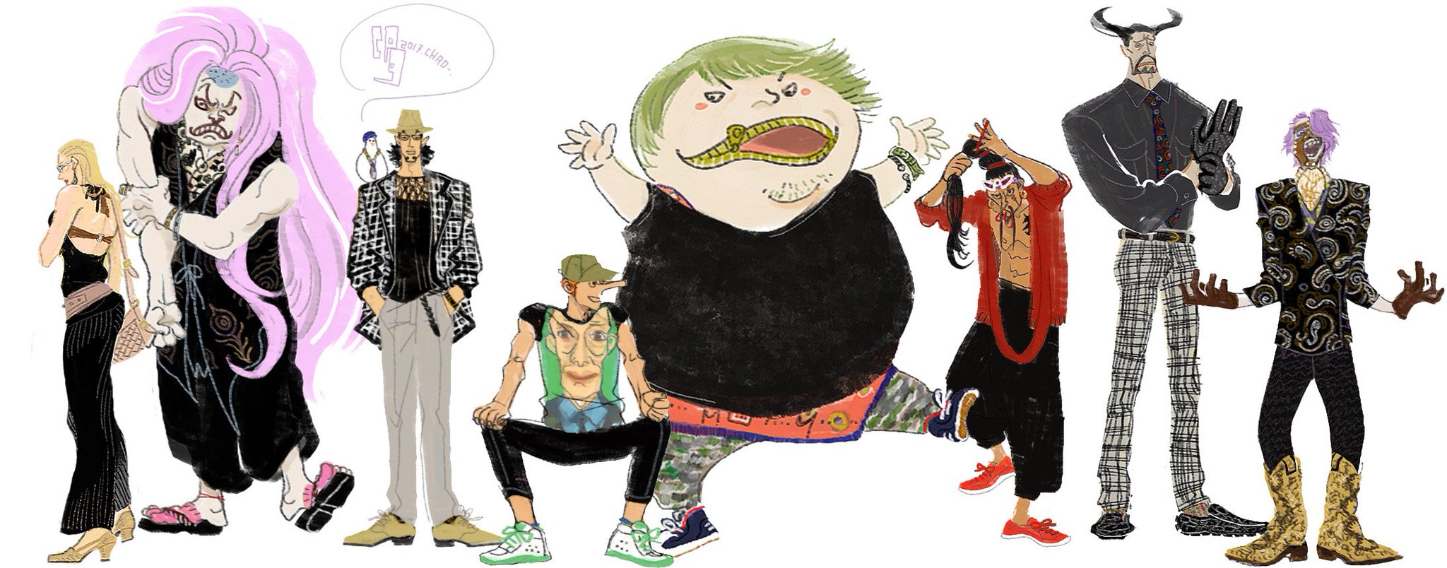 茶王 Cp9集合 これがやりたかった 描いたタイミングがバラバラなので絵のテンションがややそろってません ご愛嬌 Cp9は 黒っぽいもの で合わせたくて コーデこねくり 黒い服や小物のレパートリーがあまり無いのにアイテムを