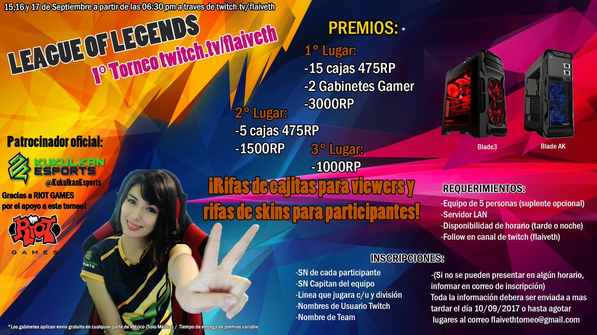 Flaiveth's tweet photo. Ya esta publicada la información para el torneo :) ¡Gracias a @KukulkanEsports  y a @riotgames  por el apoyo! Me ayudan con RT? #torneo #lol https://t.co/P4GzVEC9YS