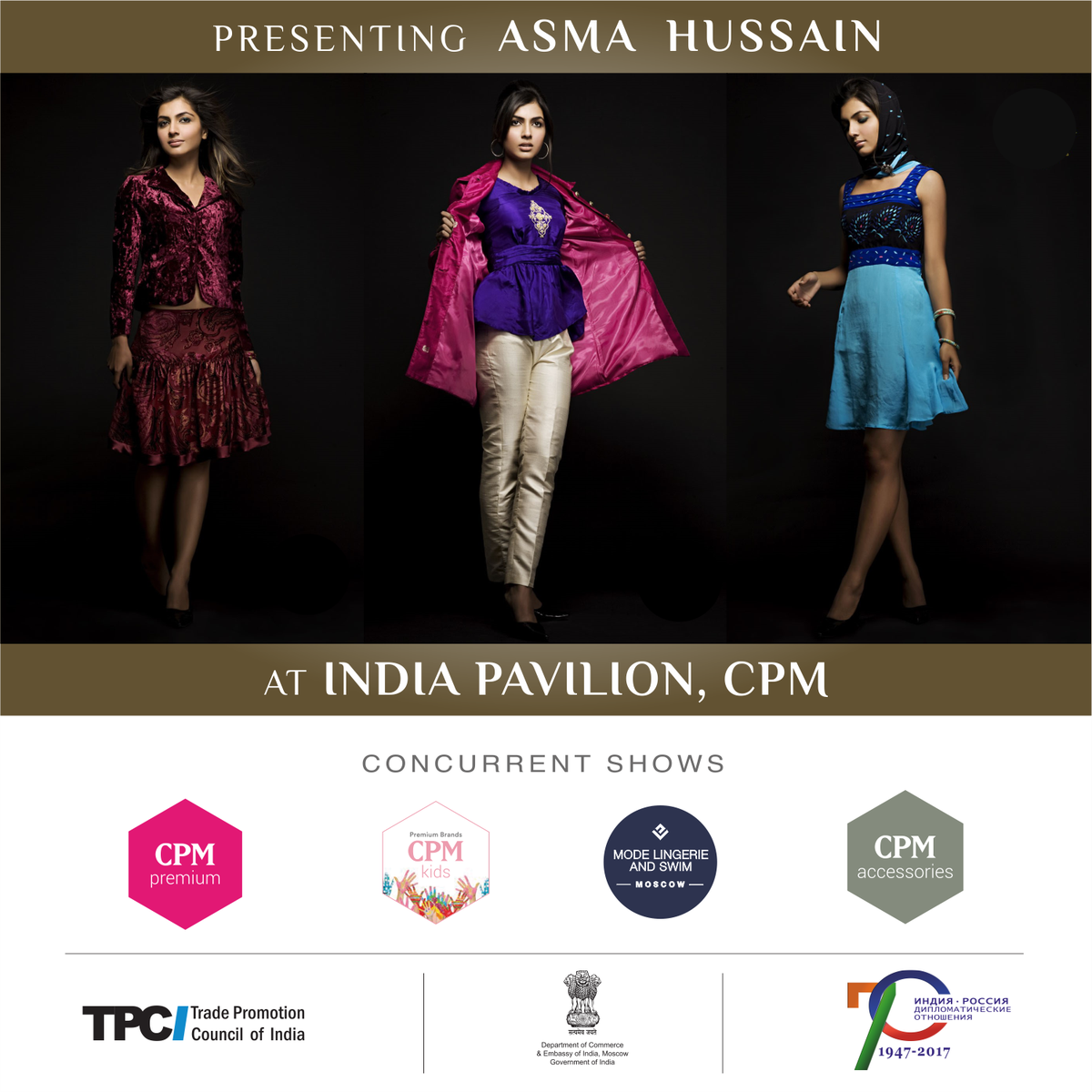tpcifashion's tweet photo. The Royal taste of Awadh with elegantly stunning silhouettes, presenting #AsmaHussain in #IndiaPavilion at #CPMMoscow by @TPCI_ &amp; @DoC_GoI https://t.co/C7HKJsG2oq