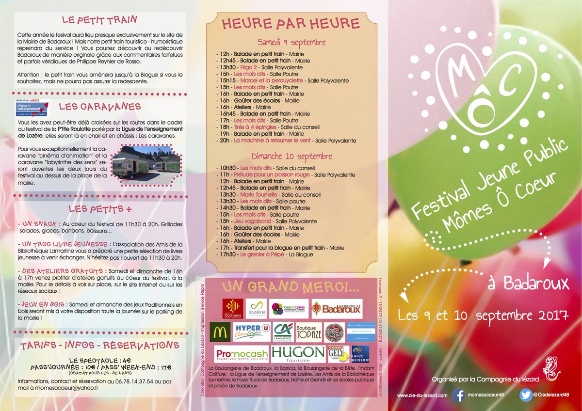 Ciedulezard48's tweet photo. LE PROGRAMME DU FESTIVAL MÔMES Ô COEUR !
RDV en famille les 9 et 10 septembre à Badaroux ! https://t.co/MbQrWm9rKd