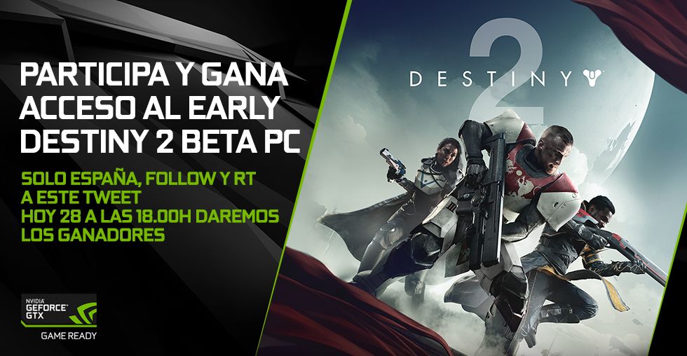 NVIDIAGeForceES's tweet photo. ¿No tienes Early a la beta PC #Destiny2? ¡Lo celebramos con 5 claves de acceso! ¡Síguenos y haz RT a este tweet! #Destiny2PCMadrid https://t.co/OlTimHalCN