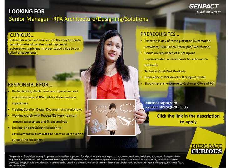Genpact_Careers's tweet photo. Genpact is looking for a Senior Manager in Robotic Process Automation. Apply on: https://t.co/H9tIO65s53. #BringBackCurious #Careers https://t.co/0lZdvw66tJ