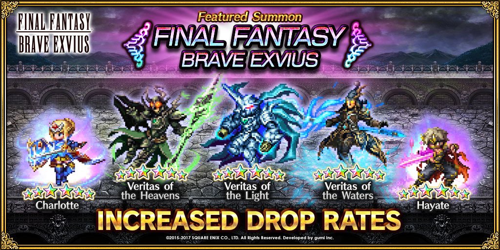 FINAL FANTASY BRAVE EXVIUS on Twitter: "Increased rates for Veritas of the Light, Veritas of the Heavens, Veritas the Waters &amp; other units until 9/8 0:59 PDT! Summon now! https://t.co/MpyKkh0Iln" /