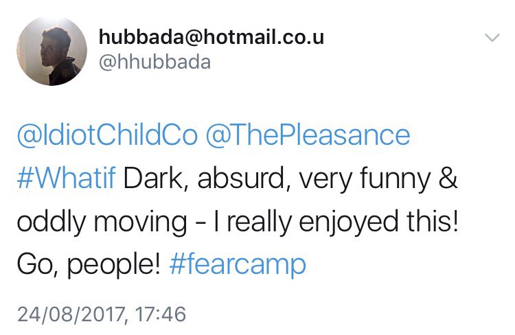 Some Twitter love for Fear Camp!Last chance to Fight Fear with Heron, Magpie &amp; Feral Pigeon TODAY 16.20 <a href="/ThePleasance/">Pleasance</a> #freemojitoandsnacks