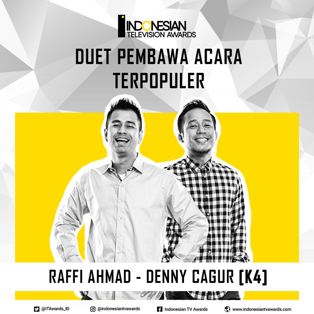 Ayo cepetan vote buat <a href="/RaffiAhmadLagi/">.</a> dan <a href="/DennyCagur/">Denny Cagur</a> dlm kategori Duet Pembawa Acara di <a href="/ITAwards_ID/">IndonesianTVAwards</a>
