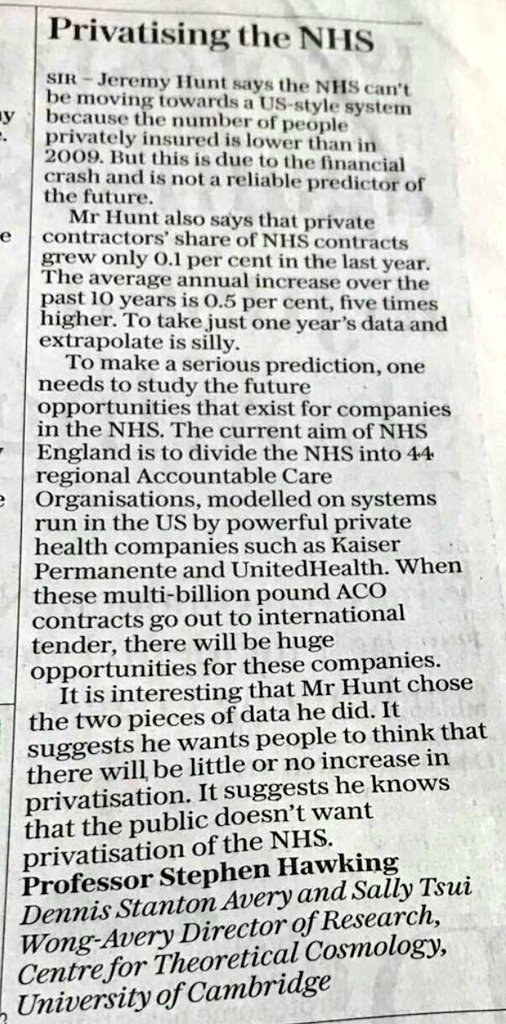 Sunday Telegraph letter from Professor Hawking (in response to Hunt)