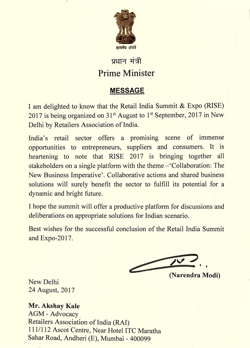 rai_india's tweet image. We thank Hon. @PMOIndia Shri @narendramodi for his best wishes for the success of Retail India Summit &amp;amp; Expo 2017. #RISE2017