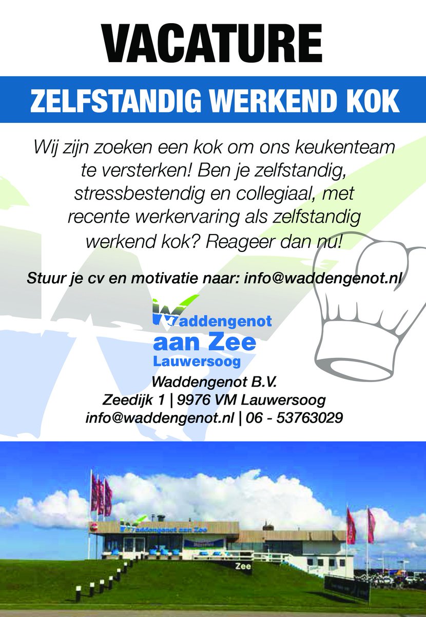 Waddengenot aan Zee in Lauwersoog is op zoek naar een nieuwe collega kok! Interesse? Stuur een mail naar info@waddengenot.nl #vacature #kok