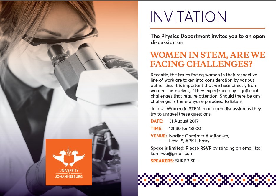 UJLibrary's tweet photo. #UJ #PhysicsUJ Department invites you to a discussion: WOMEN IN STEM, ARE WE FACING CHALLENGES? 31 Aug, 13:00 APK #UJLibrary @EngineeringUJ https://t.co/41vZKf65oK