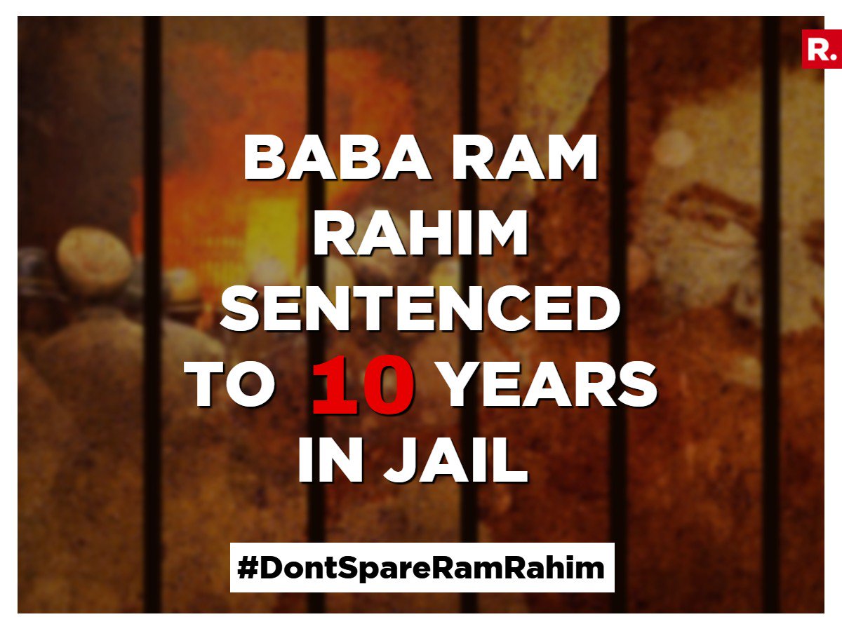 republic's tweet photo. BREAKING: Gurmeet Ram Rahim Singh has been sentenced for 10 years in jail https://t.co/lpnVZxoMbs #DontSpareRamRahim https://t.co/58nAtlwUWZ