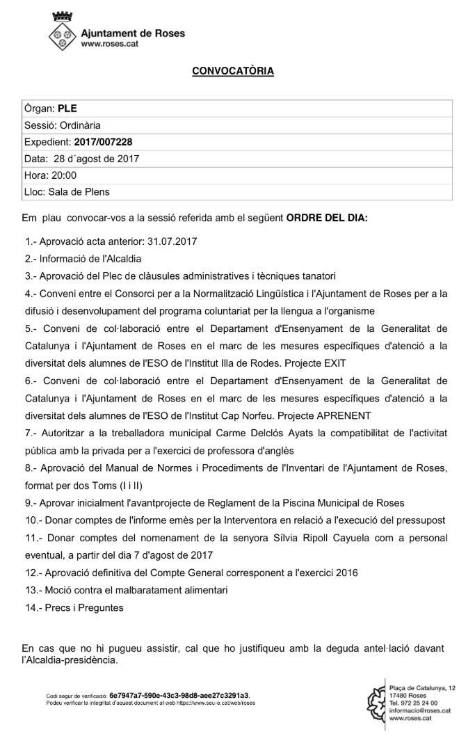 ERC_SOMRoses's tweet photo. ‼️Avui a les 20:00h tenim el ple municipal #aroses del mes d'agost. Seguiu-lo al nostre Twitter i a #amigcamí
Aquí teniu l'ordre del dia👇👇👇 https://t.co/wV48mroFu9