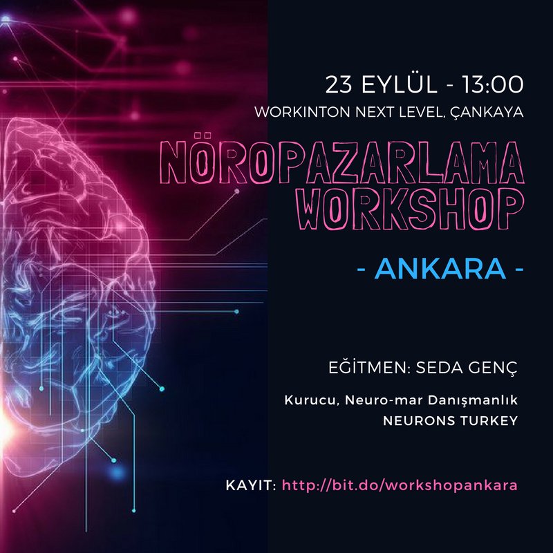 #Ankara 23 Eylul'de nöropazarlamaya doyacak!🤗 Bilgi&amp;Kayit: bit.do/workshopankara
#nöropazarlama #neuromarketing #workshop #certified