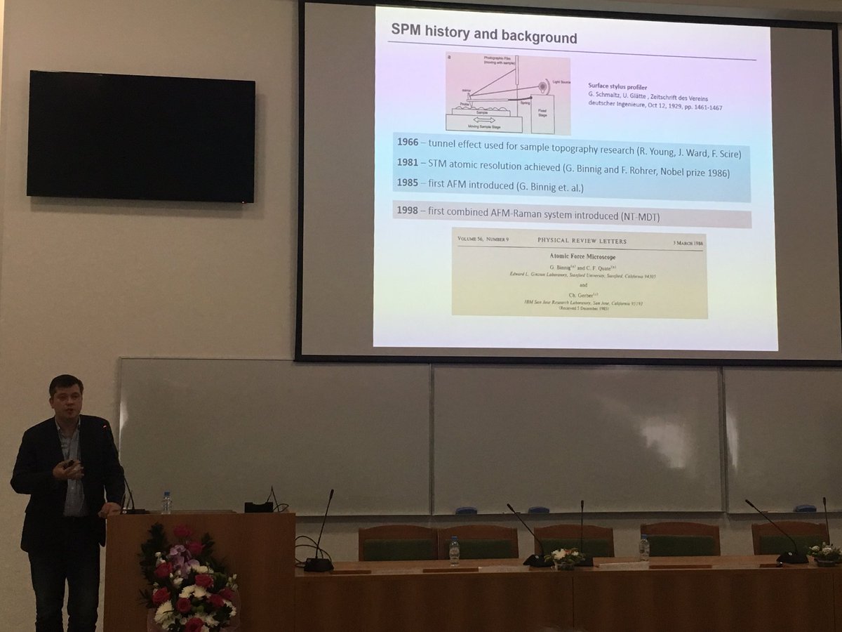 NTMDT's tweet photo. Dr. Vyacheslav Polyakov at SPM-2017 (VP of R&D department) talking about the newest projects of NT-MDT SI #AFM #RAMAN #AFMIR #nanotechnology https://t.co/kYfqka9h5a
