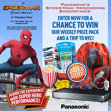 PanasonicBatt's tweet photo. Have you heard? The final week starts today … https://t.co/yuHQ1CGWLx #PowerTheExperience #SpiderManHomecoming #Sweeps https://t.co/3DieoK5qjm
