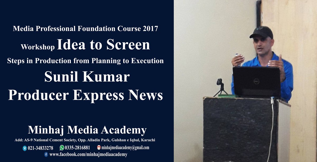 MinhajAcademy's tweet photo. 11th Media Professional Foundation Course 2017
1st Workshop: Idea to Screen ( Planning &amp; Execution)
Sunil Kumar (Producer Express News) https://t.co/2PgzjAbsQC