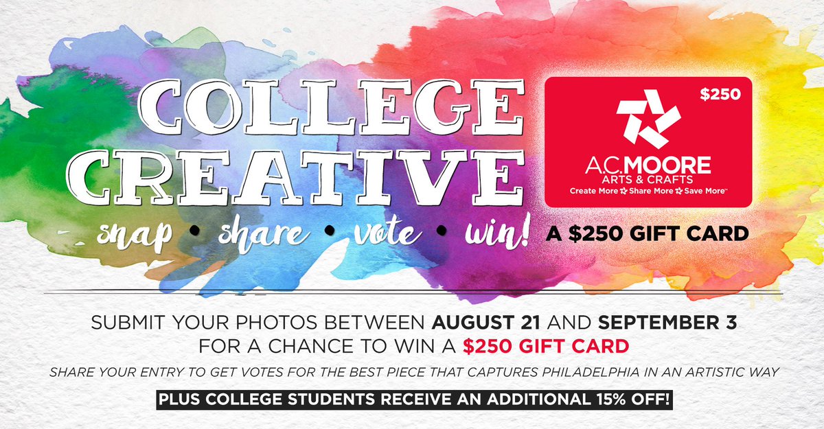 PhillyPartner's tweet photo. @PennSAS @PAFAcademy @AnnenbergPenn @LaSalleUniv @philartalliance @drexelwestphal Philly Art could WIN $250 giftcard to @officialacmoore https://t.co/IRpQSUspAU