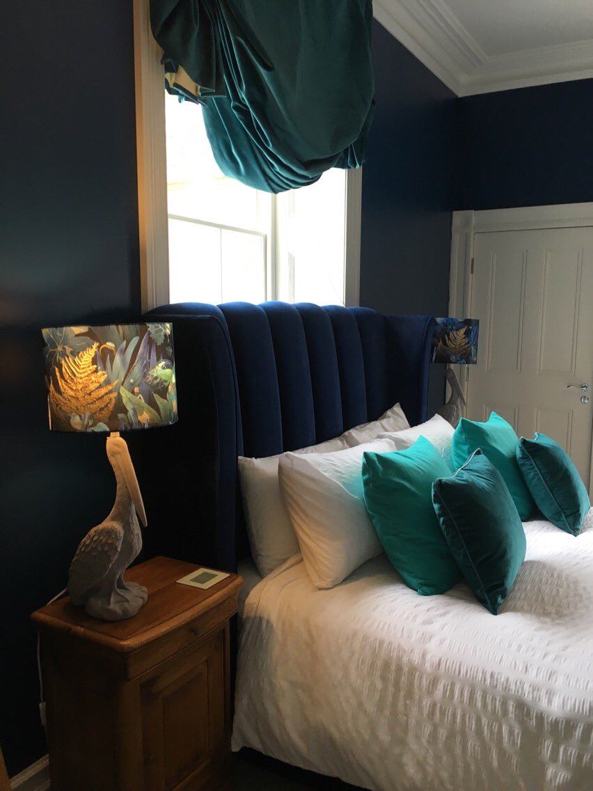 TerrariumHome's tweet photo. Our Woodland Undergrowth lampshades look amazing styled with dark blue and emerald in one of @Grassfieldhall luxury rooms #hotel #interiors https://t.co/4225jyzN8L