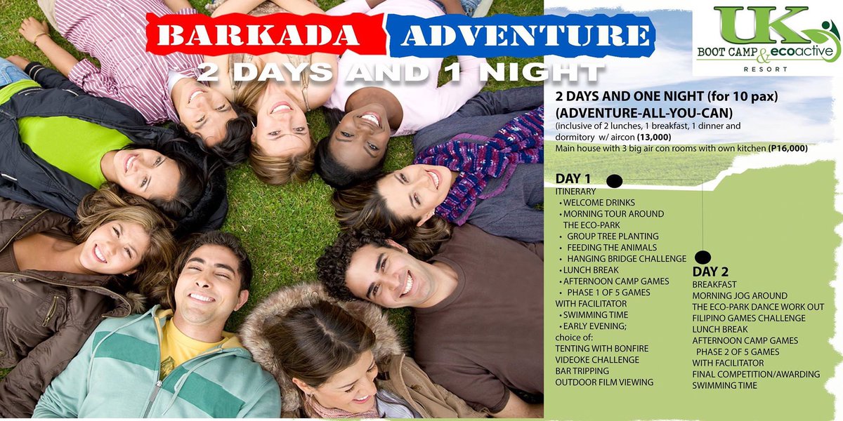 UKCampAndResort's tweet photo. Check out our Group Packages for our ADVENTURE-ALL-YOU-CAN at UK Bootcamp and Eco active resort! #Ukcampresortph #teambuildingph #ecoactive https://t.co/eZXaa0e8EM