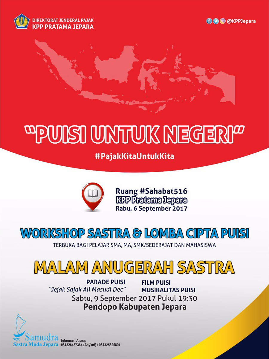 Slmt malam #sahabat516 ikuti yuk rangkaian kgiatan dlm rgka Hari Puisi Indonesia yg diprsembahkn o/ KPP Pratama Jepara &amp; Sastra Muda Jepara