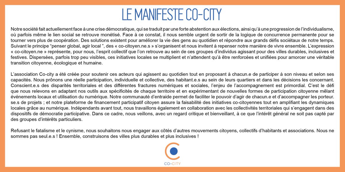 CO_CITOYENS's tweet photo. 📌 Nouveau manifeste Co-city pour des villes #durables #inclusives #festives &amp; une réelle participation des habitan.te.s ds leurs quartiers ! https://t.co/GYUaedFEx1