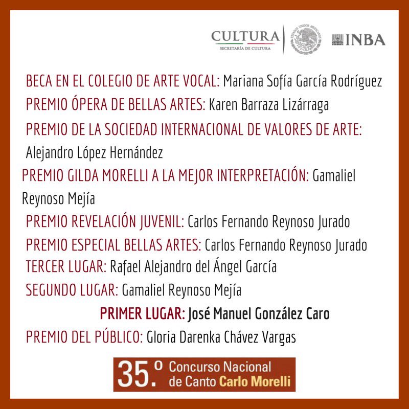 bellasartesinba's tweet photo. Felicitamos a todos los ganadores del 35º del Concurso Nacional de Canto Carlo Morelli celebrado ayer en @PalacioOficial https://t.co/zitqKP4hBY