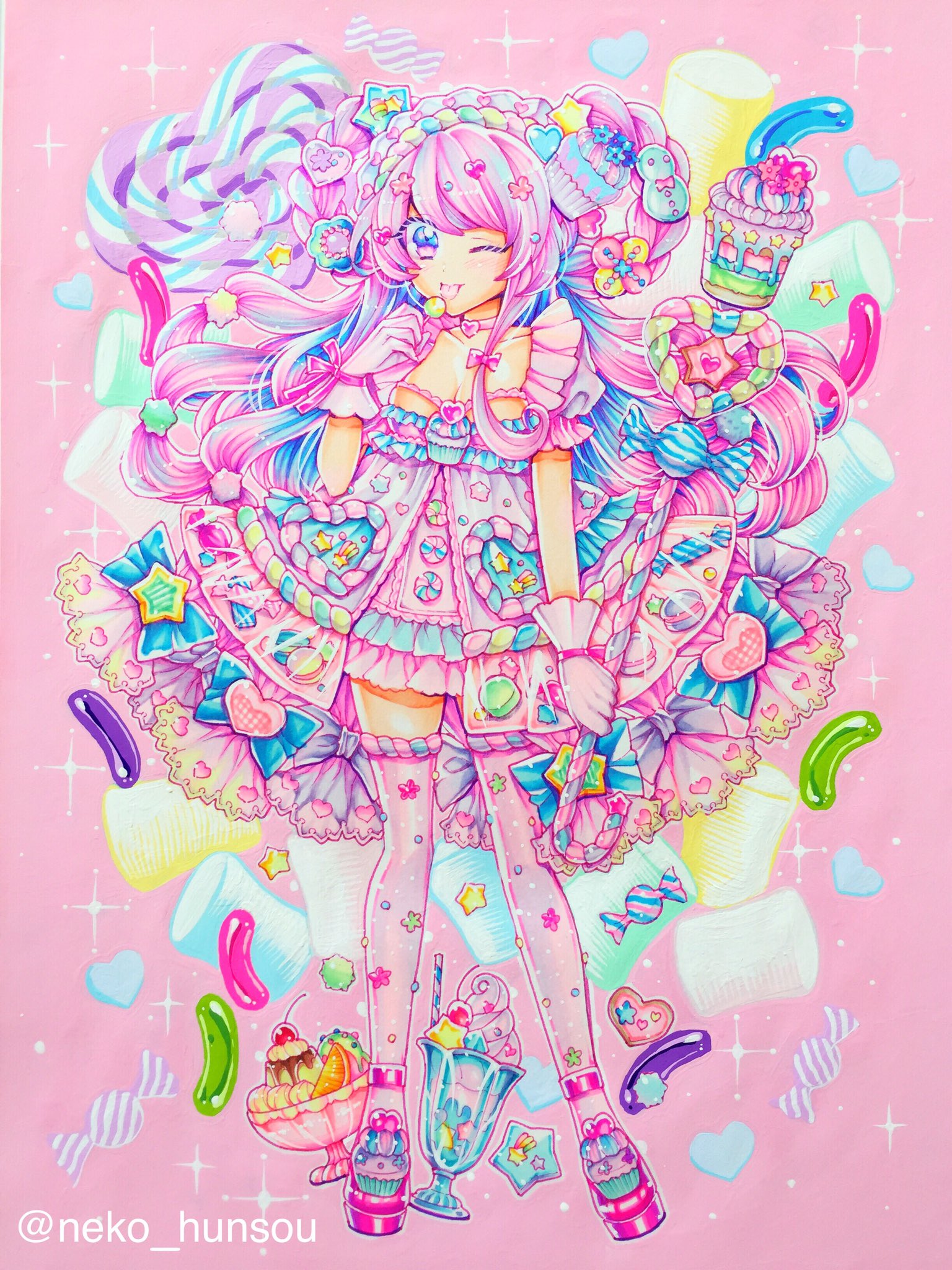 猫扮装7 22 8 14個展初日予約制 Lllooo4po よぽさんリプライありがとうございます 背景のお菓子とピンクはアクリルガッシュで塗っています 人物はコピックです Twitter