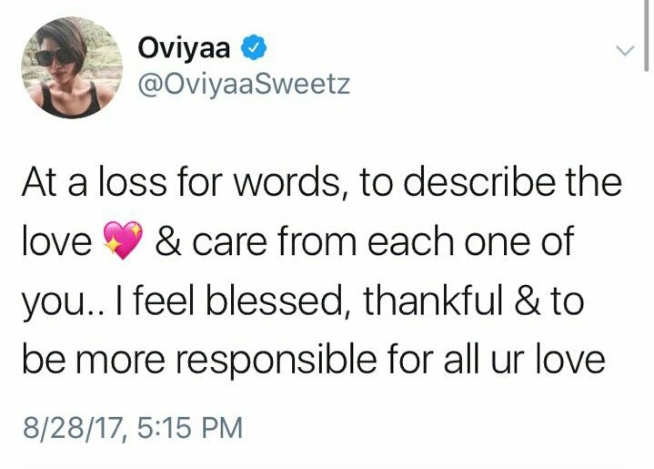 ChennaiTimesTOI's tweet photo. Have look at @OviyaaSweetz' first tweet after her exit from #BiggBossTamil! https://t.co/8kpR7A8ceo