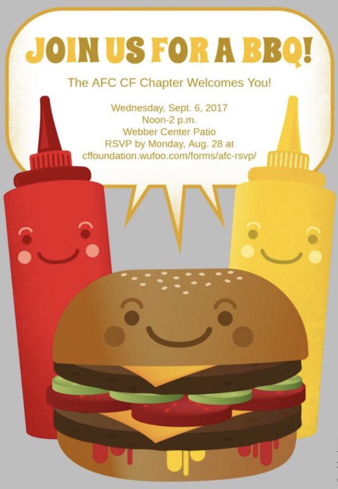 AFC_CF_Chapter's tweet photo. Don't forget, last day to RSVP for the Welcome Back BBQ!!! 🍔🌭#MembershipEvent @AFC_CF_Chapter @CFedu https://t.co/2680vXdoqa
