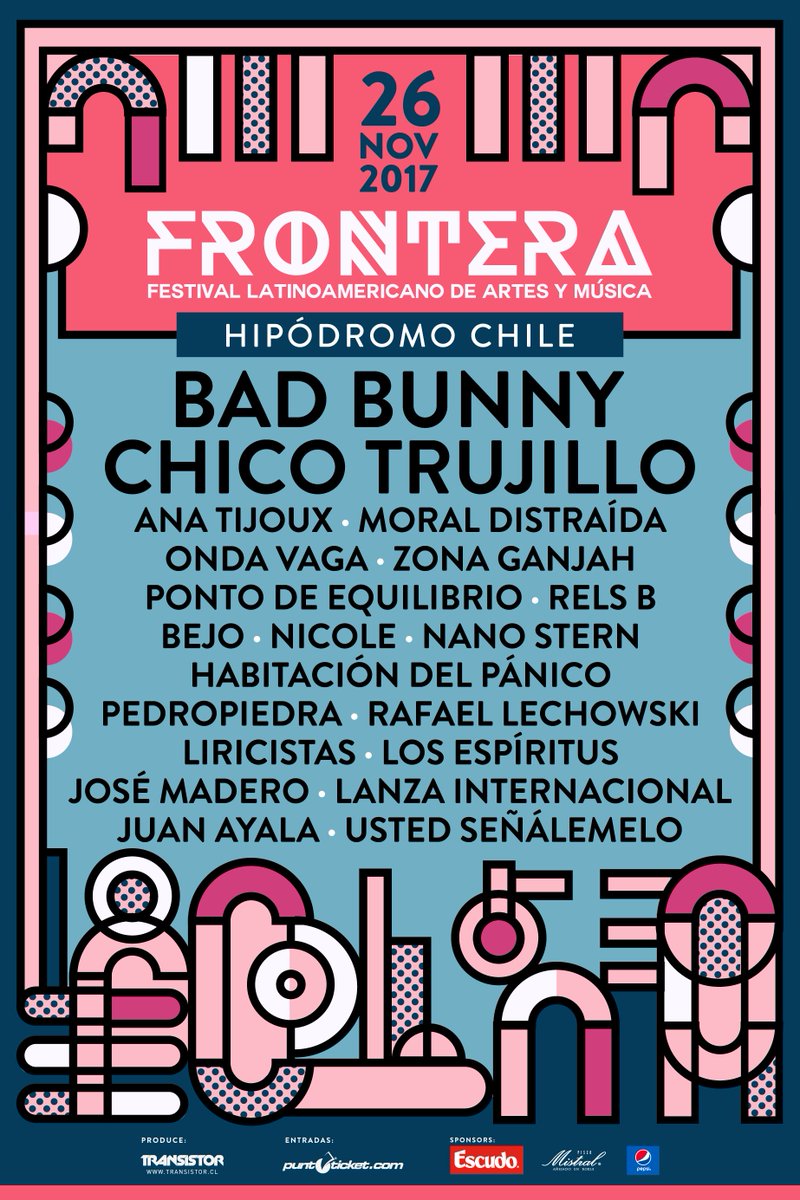 ZumbidoCL's tweet photo. .@tuiterfrontera anuncia su cartel en su edicion 2017 este 26 de noviembre en @hipodromo_chile #fronterafestival - Entradas en @puntoticket https://t.co/ydhOYXlRbF