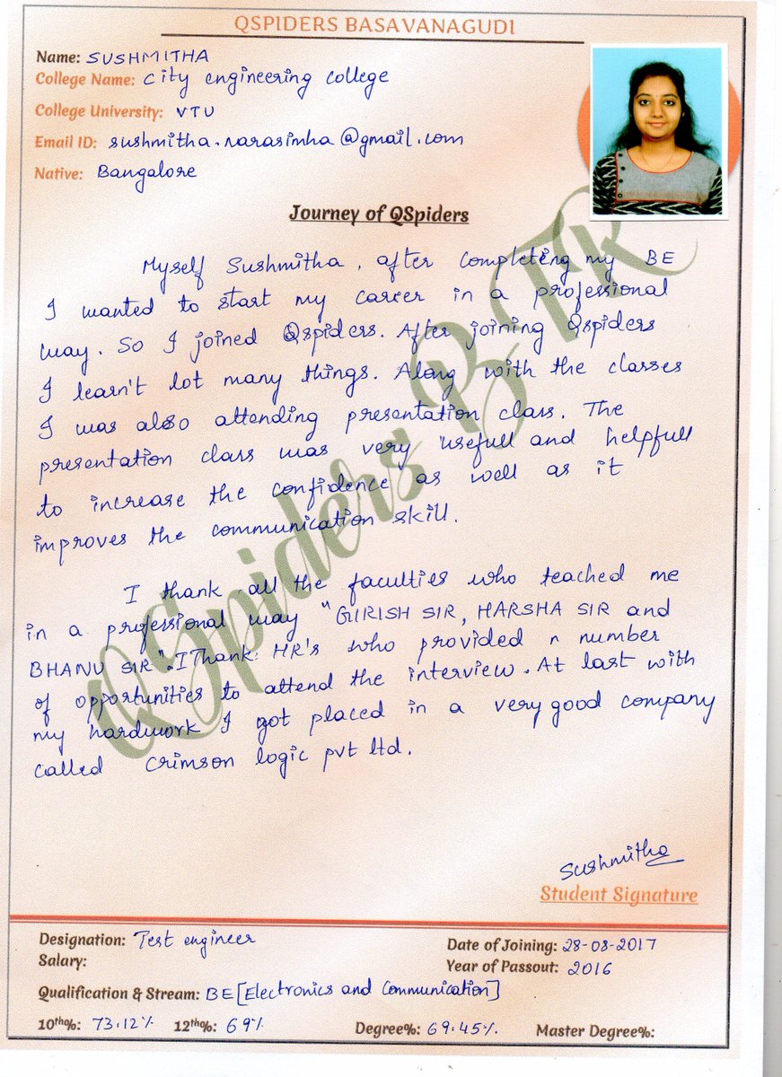 QSpiders__BTR's tweet photo. #QSpiders
Sushmitha Narasimhamurthy
#Got placed as a #Test_Engineer.
#Congratulations from #QSpiders_Team...!! https://t.co/gTbIrciO5L