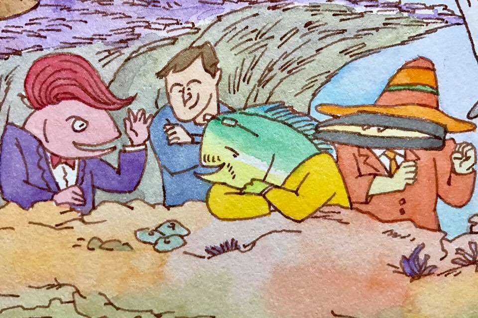 Uwabami 探し絵遊び展示 郵政博物館8 3 A Twitteren よう 最近どうだ うまくやってるか ああ なかなかいい調子だ そっちも上々のようだな リリーフランキー似の魚とメキシカン風ムール貝と花輪くん風ヘアスタイルの魚と普通の男性が何やら話している