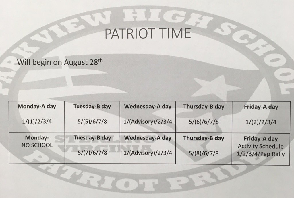 ParkViewSCA's tweet photo. Patriot Time begins TODAY! Check out the schedule to learn what block you report to. https://t.co/ZkpQGEzgR4