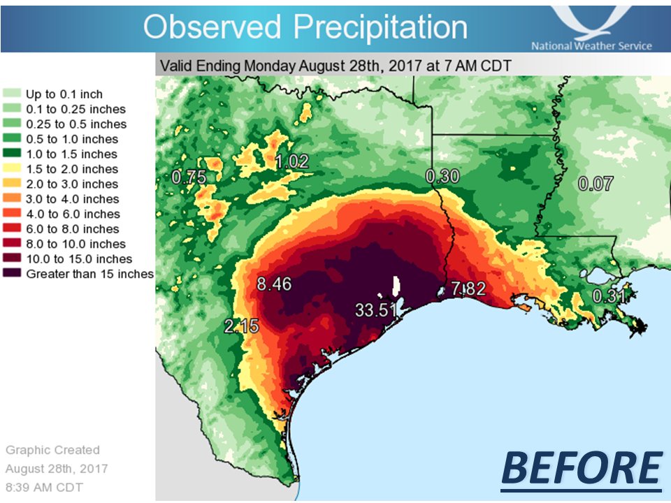 WMO's tweet image. #Harvey has brought so much rainfall that @NWS had to update the colour charts on its graphics in order to effectively map it.