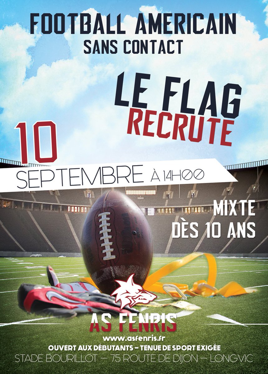 Journée de recrutement Foot US et Flag à Dijon, le 10 septembre à 14h : bit.ly/fenrisdijon #football #foot #flag #dijon #fenris #usa