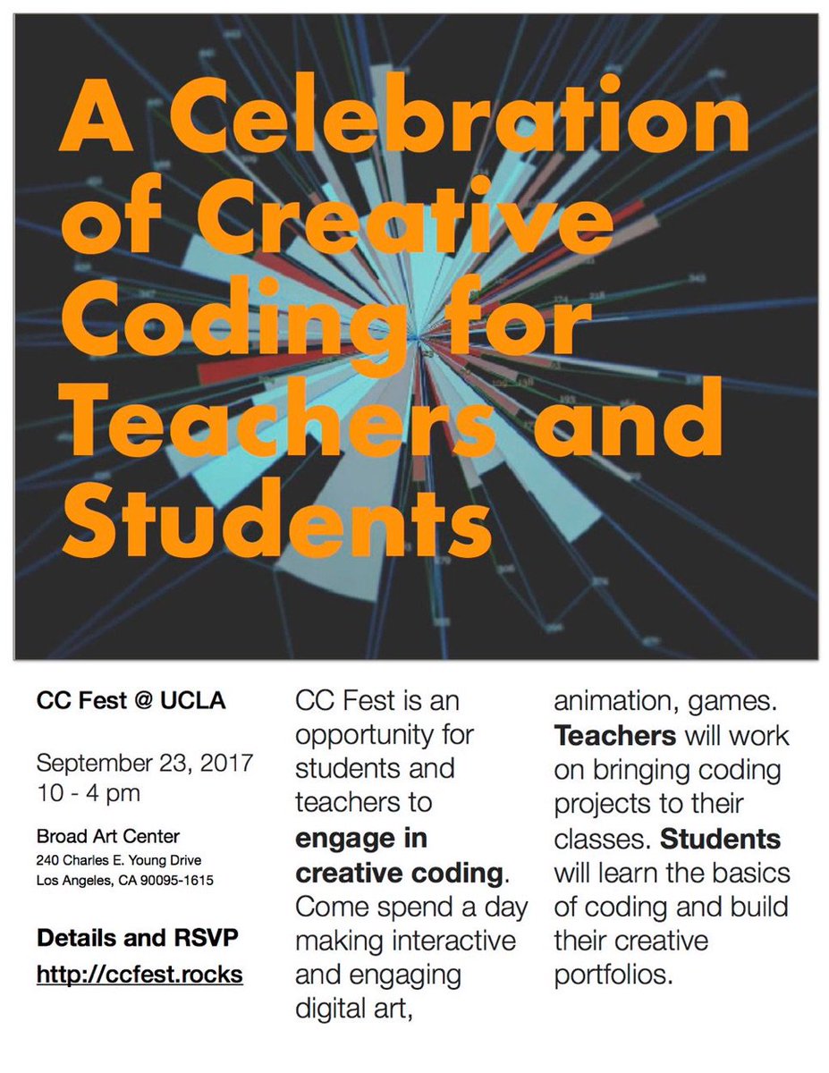 shiffman's tweet photo. Attention Los Angeles! #ccfestla is for teachers and students to spend the day learning creative coding. RSVP at https://t.co/ApjFiiIrTj. https://t.co/lTjtBTAGkj