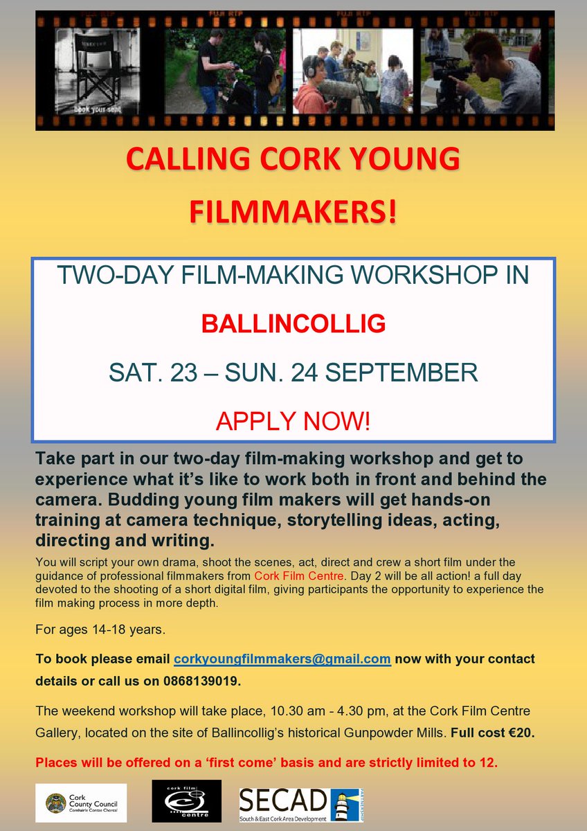 Call Out - Here's a great #filmmaking opportunity for 12 young people from Ballincollig- apply now! <a href="/colaistechoilm/">Coláiste Choilm</a> <a href="/balcsie/">Ballincollig Community School</a> <a href="/BallincolligY/">Ballincollig YouthRe</a>