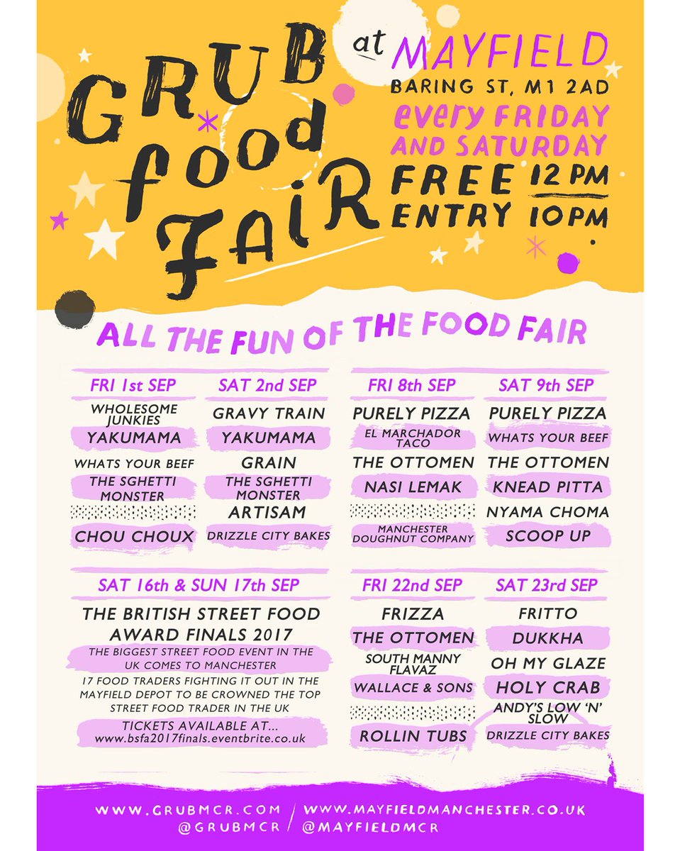 COMPETITION!

Follow &amp; RT to win...

6 X GRUB 
6 X DRINKS

...at #GRUBFoodFair <a href="/MayfieldMCR/">Mayfield</a> FRIDAY OR SATURDAY!

#AllTheFunOfTheFoodFair